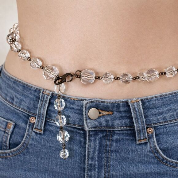 Vintage Accessories - Vintage lightweight faceted Lucite ball and brass metal belt or necklace 39”